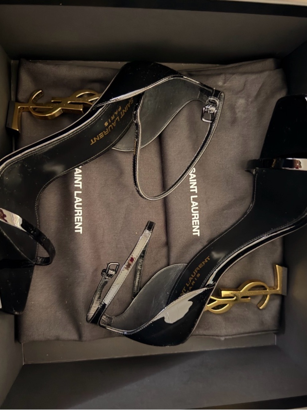 Saint Laurent Black Patent Leather Logo-Block Heel Sandals